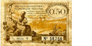 Chamber of Commerce 
Pas De Calais
0.50 Centimes
Sepia
Series Y
Lady & child, destruction of war
Map, plough, flag, anchor and wings Banknote