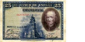 25 ptas
Blue/Purple
Monument of Calderón de la Barca in Madrid & Pedro Calderon 
Crosses of the Order of Santiago Painting of Domingo Muñoz La devoción de la 
Cruz
Wtrmk Woman's head Banknote