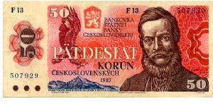 Czechoslovakia

50 Korun
Red/Blue/Green
Eagle, mountains & Ludovit Stur
View of Bratislava
Wtrmk Stars & leafs Banknote