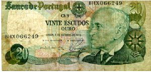 20 Escudos
Series BHX
Green/Blue
Admiral Gago Coutinho
1922 seaplane, Ship & Castle
Wtrmk  Admiral Coutinho Banknote
