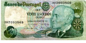 20 Escudos 
Series BHZ
Green/Blue
Admiral Gago Coutinho
1922 seaplane, Ship & Castle
Wtrmk  Admiral Coutinho Banknote