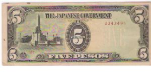 5 PESOS
JAPANESE OCCUPATION WWII
SERIAL:  PD

P # 107B Banknote