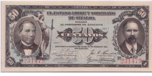1915 EL ESTADO LIBRE Y SOBERANO DE SINALOA 50 *CINCTENTA* CENTAVOS

S1042 Banknote