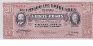 1915 EL ESTADO DE CHIHUAHUA 20 *VEINTE* PESOS

S537b Banknote