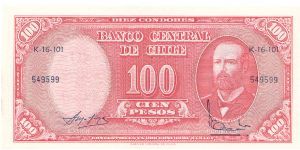 1960-61 ND BANCO CENTRAL DE CHILE 10 CENTESIMOS DE ESCUDO ON 100 *CIEN* PESOS NOTE

**OVERPRINT ON FRONT IS NOT ALIGNED PROPERLY**

P127a Banknote