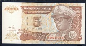 Zaire (Congo) 5 New Zaires 1993 P53 Banknote