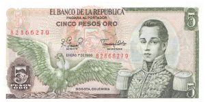 1980 EL BANCO DE LA REPUBLICA 5 *CINCO* PESOS ORO

P406f Banknote