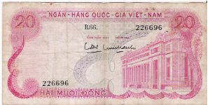 SOUTH VIETNAM

20 DONG

B.66.  226696

P # 24 A Banknote