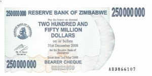 Bearer cheque; 250,000,000 dollars; May 2, 2008 Banknote