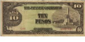 PI-111 Philippine 10 Pesos note under Japan rule, scarce low serial number. Banknote