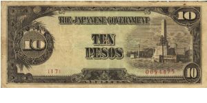 PI-111 Philippine 10 Pesos note under Japan rule, scarce low serial number. Banknote