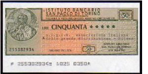 50 Lire
Pk NL

(Emergency Notes _
Local Mini-Check -
Istituto Bancario San Paolo di Torino 
29-01-1976) Banknote