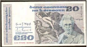 20 Pounds.

William Butler Yeats at right, Abbey Theatre symbol at center on face; map on back.

Pick #73b Banknote