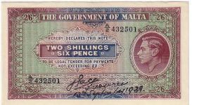 THE GOVERNMENT OF MALTA 2/6 UNIFACE Banknote
