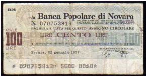 100 Lire
Pk NL

(Emergency Notes_
Local Mini-Check-
Banca Popolare di Novara
20-01-1977) Banknote