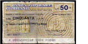 50 Lire
Pk NL

(Emergency Notes_
Local Mini-Check-
Banca Popolare di Milano
10-05-1977) Banknote