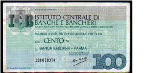 100 Lire
Pk NL

(Emergency Notes_
Local Mini-Check-
Istituto Centrale di Banche e Banchieri
30-04-1977) Banknote