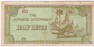 1/2 RUPEE

BLOCK LETTERS BD

BURMA

P # 13 B Banknote