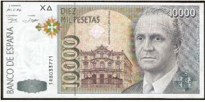 10,000 Pesetas.

King Juan Carlos I at right, Casa de America in Madrid at lower center on face; de Ulloa y de Jorge Juan above astronomical navigation diagram on vertical format on back.

Pick #166 Banknote