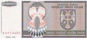 20,000,000 DINARA

A 0113465

P # R 13 A Banknote