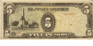 PI-110 Philippine 5 Pesos replacement note under Japan rule, plate number 34. Banknote