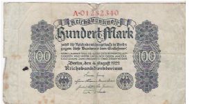 100 MARK

A-01282340

4.8.1922 Banknote