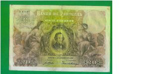 20 ESCUDOS 1915 VF VERY STRONG PAPER CENTRE FOLD SOME RUST MARKS A VERY RARE BANKNOTE Banknote