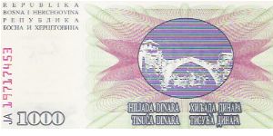1000 DINARA

JA  19717453

1.7.1992

P # 15 Banknote