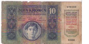 10 KRONEN

948366
1008

2.1.1915

P # 19 Banknote
