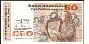 50 Pounds.

Turlough O'Carolan playing harp in front of group at center right on face; musical instruments on back.

Pick #74a Banknote