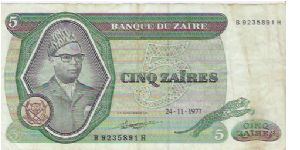 5 ZAIRES

B 9235891 H

24.11.1977

P # 21 B Banknote