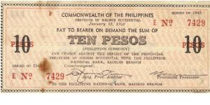 S-639 Negros Occidental 10 Pesos note. Banknote