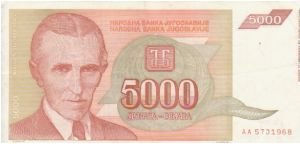 Yugoslavia 5000 Dinars dated 1993 Banknote