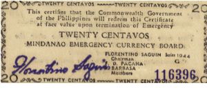 S-513a Mindanao Emergency Currency Board 20 centavos note. Banknote
