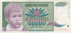 Yugoslavia 50000 Dinars dated 1992 Banknote