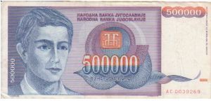 Yugoslavia 500000 Dinars dated 1993 (Purple Version) Banknote