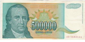 Yugoslavia 500000 Dinars dated 1993 (Green Version) Banknote