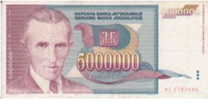 Yugoslavia 5000000 Dinars dated 1993 (Mauve Version) Banknote