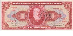 Brazil 100Cr Red Front 1950's/60's overstamped with 10 Centavos Banknote