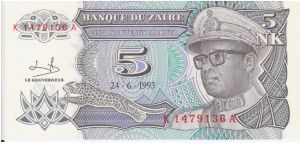 Zaire 5 Nouveaux Makuta dated 1993 Banknote