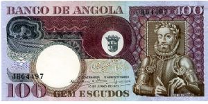 100 Escudos
Purple/Blue/Brown/Green 
Coat of arms & Luiz de Camoes 
Palm tree & Coconuts
Security thread
Wtr mk Camoes Banknote