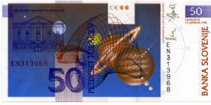 50 Tolarjev 
Multi
Geometric & astronomic designs, Astronomer Jurij Vega 
Planets & Academy of Sciences. 
Security thread
Wtr mk Vega Banknote