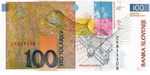 100 Tolarjev 
Paintbrushes & Impressionist Rihard Jakopic
Outline of the Jakopicev Pavilion 
Security thread
Wtr mk Jakopic Banknote