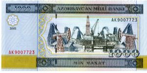 1000 Manat
Blue/Olive
Oil rigs and pumps
Ornaments
Watermark, three buds Banknote