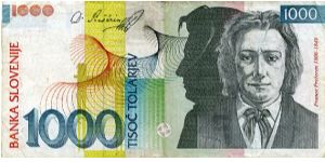 1000 Tolarjev
Multi
Poet France Preseren
The Drinking Toast poem
Security thread
Watermark Preseren Banknote