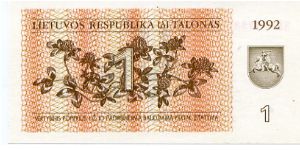 1 Talonas
Brown/Orange  
Flowers & value, Coat of arms
Eurasian lapwings
Watermark Banknote