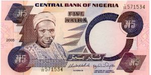 5 Naira
Purple/Brown
Sir Abubakar Tafawa Balewa, Politician
Nkpokiti dancers
Security thread
Watermark Bird Banknote