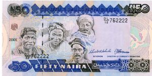 50 Naira
Blue/Pink/Black
Hausa, Igbo and Yoruba men and a woman
Farm Workers
Security thread
Watermark Bird Banknote