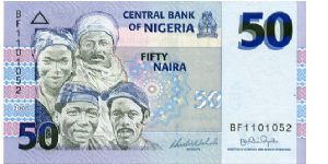 50 Naira
Blue/Pink/Black
Hausa, Igbo and Yoruba men and a woman
Local fishermen
Security thread
Watermark Central bank logo Banknote