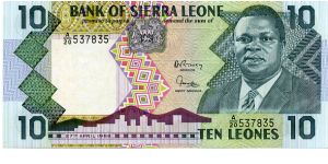 10 Leones
Green/Purple/Black
Coat of arms & President Dr. Joseph Saidu Momoh
Cow & farmer
Security thread
Watermark Lion Banknote